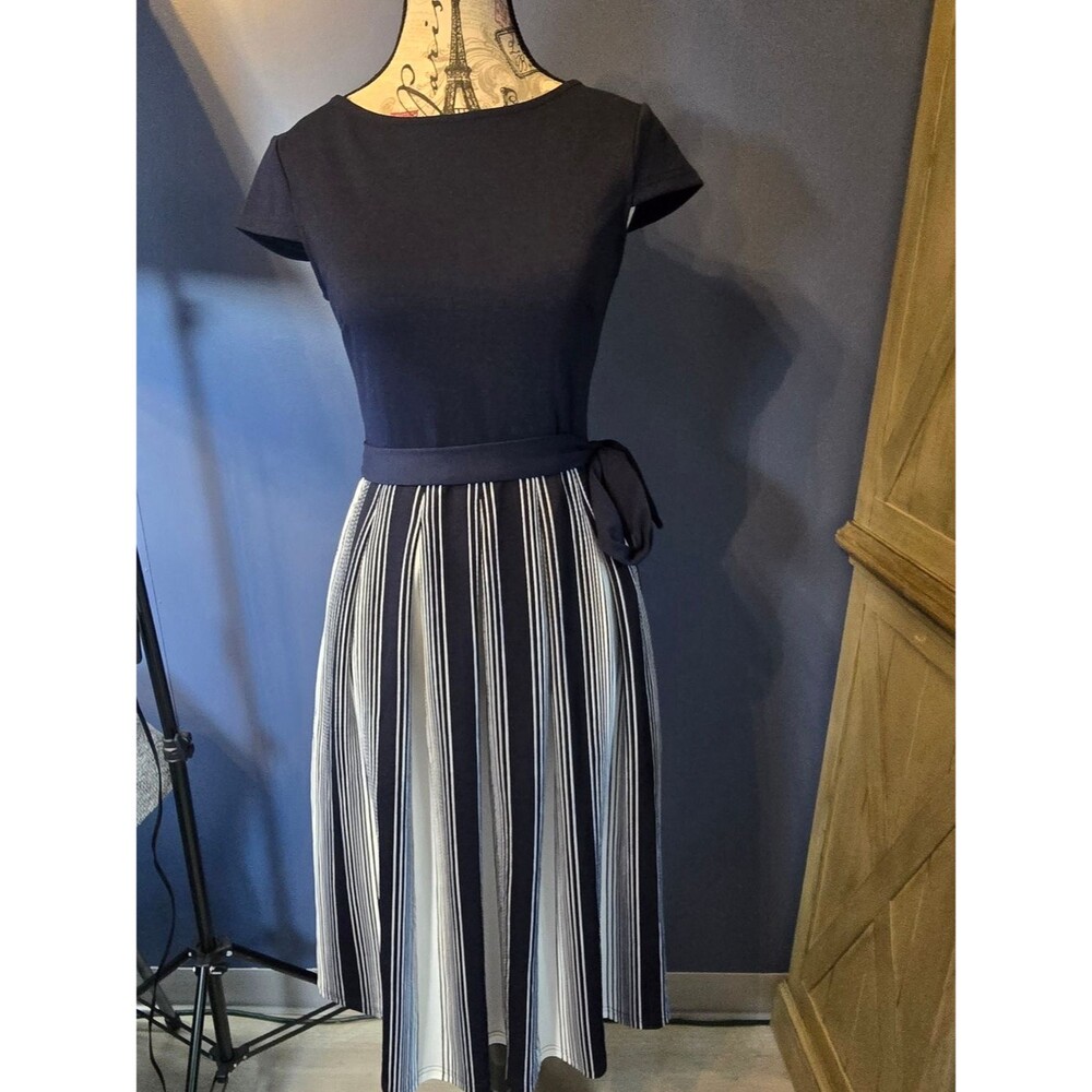 VFSHOW Fit Flare Midi Dress Womens XS Navy White Striped Tie Waist NWT